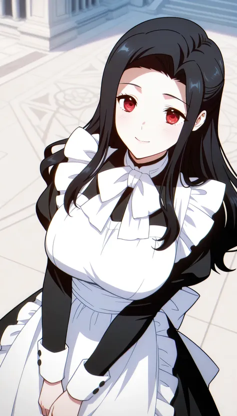 alone, 1 girl, Mayumi Saegusa, long hair, ผมสีดำ, Black White Bow, Red Eyes, Big Breasts, put on maid dresses, smile, Temple Background, high-angle image