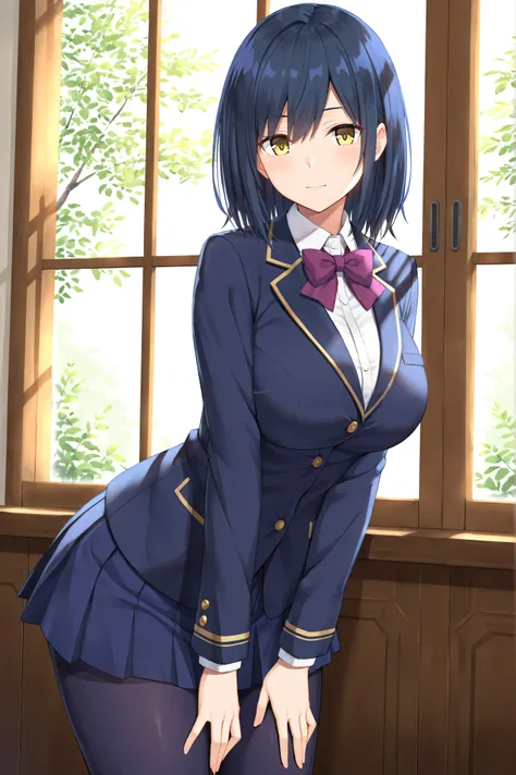 solo,masterpiece,best quality, amazing quality, highres, absurdres, very aesthetic, high resolution, ultra detailed, perfect details,nijirin,large breasts,yellow eyes,blue hair,black hair,moles,medium hair,nijirincos,white shirt,collared shirt,purple bowti...