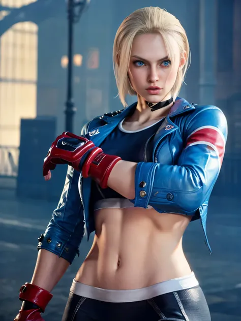 Cammy White Streeet Fighter 6, street fighter female, A short straight blonde haired british girl, bang, bob cut, blue eyes, 25 years, young, pale skin, supermodel body, medium breast, Ultra high res, uhd, (photorealistic:1.2),  show , DYNAMIC POSE..