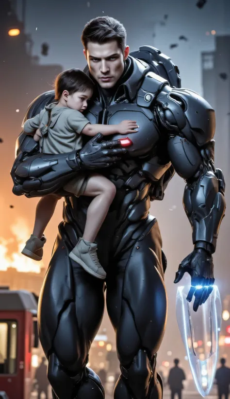 Cyborg,Exosuit,Mecharmor,Robot,Mech,Power Armor,Heavy Mech,futuristic,tactical,fluxbodybuilder,bright flash,overexposed,raw photography,A hyper-realistic futuristic humanoid male robot, over 2 meters tall, with a powerful, athletic build. He has a striking...