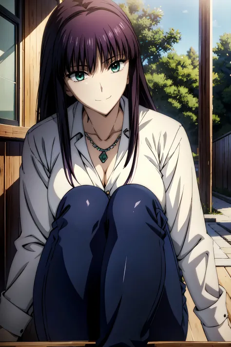 makima(Chainsaw Man),outdoor,downtown,Girl in black,Jeansのズボンを着ている少女,青いJeansを着たAnime ,girl wearing long pants,(((Jeans))) ,outside,Anime Moe Art Style , forest city street behind her , smooth anime CG art , , Seductive anime girl , Beautiful Anime High Sch...