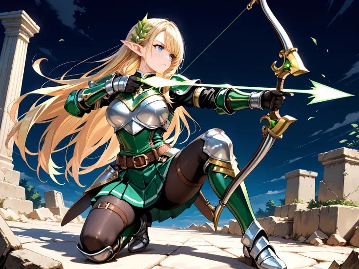 a highly detailed picture of a cool elf girl drawing her bow toward an enemy, with vibrant colors and a sharp focus, in 8K resolution, solo, slant eyes, blue eyes,  ((pointed ears)), Very long hair, shining blonde hair, swept bangs, perfect artwork, pictur...