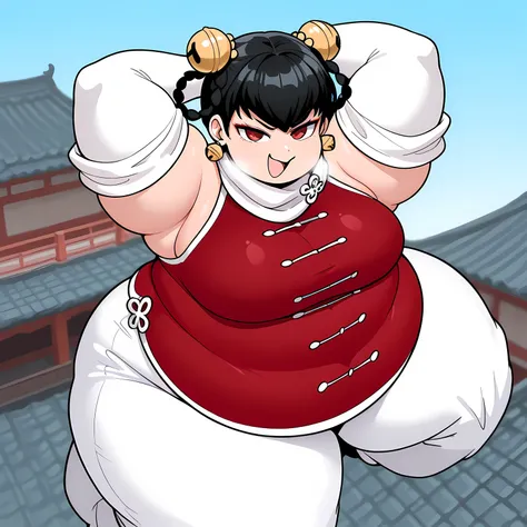 masterpiece, best quality, 1girl, solo,   opmll, black hair, short hair, hair rings, twin braids, red eyes, hair bell, earrings, white scarf, red shirt, sleeveless shirt, detached sleeves, elbow gloves, white pants, baggy pants, large breasts,  looking at ...