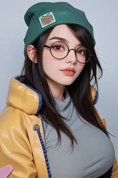 green beanie, green hat, round glasses, yellow jacket, grey shirt, green beanie, green hat, round glasses, valoKJ, black hair, brown eyes,seductive expression, looking at viewer, real life, raw photo, simple background, gradient background, closed mouth, u...