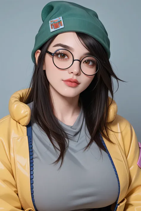 green beanie, green hat, round glasses, yellow jacket, grey shirt, green beanie, green hat, round glasses, valoKJ, black hair, brown eyes,seductive expression, looking at viewer, real life, raw photo, simple background, gradient background, closed mouth, u...