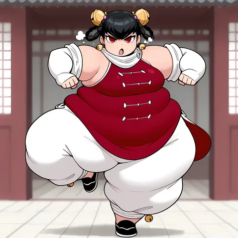masterpiece, best quality, 1girl, solo,   opmll, black hair, short hair, hair rings, twin braids, red eyes, hair bell, earrings, white scarf, red shirt, sleeveless shirt, detached sleeves, elbow gloves, fingerless gloves, white pants, baggy pants, medium b...
