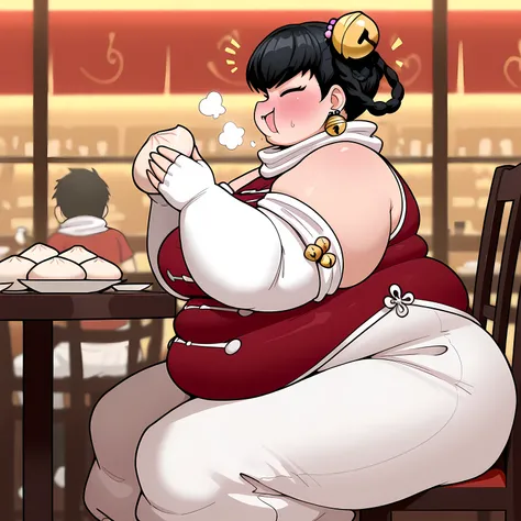 masterpiece, best quality, 1girl, solo  opmll, black hair, short hair, hair rings, twin braids, hair bell, earrings, white scarf, red shirt, sleeveless shirt, detached sleeves, elbow gloves, fingerless gloves, white pants, baggy pants, (large breasts:0.7),...