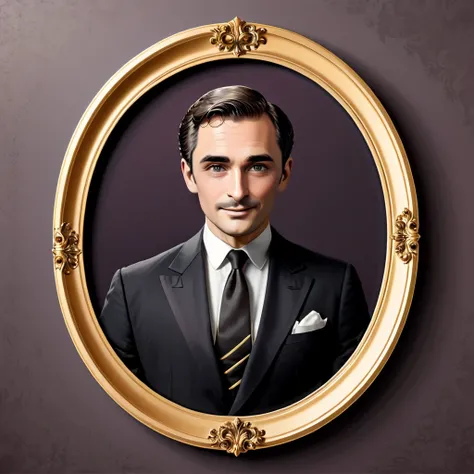 graphic vector drawing, classic wine etiquette , with a man picture inside oval frame, Full vector, oval, black and gold color