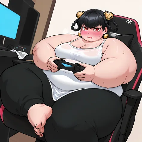 masterpiece, best quality, 1girl, solo    opmll, black hair, short hair, hair rings, twin braids, red eyes, hair bell, earrings, breasts, white tank top, breasts, black pants, sitting, gaming chair, holding game controller, , embarrassed, blush,  sweat, st...