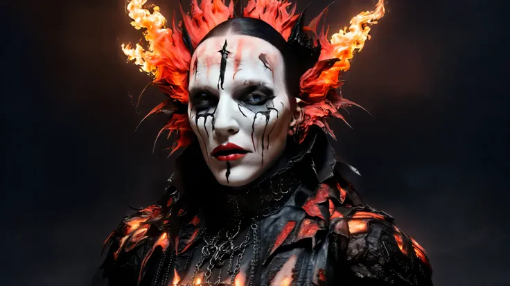 Marilyn Manson inspired, photography, trendy close up, strange dark background with fire, dead animals in gothic castle, leather, extreme and sinister fetish, straps and zippers, fetishist, sadomasochism, Extremely bizarre, until