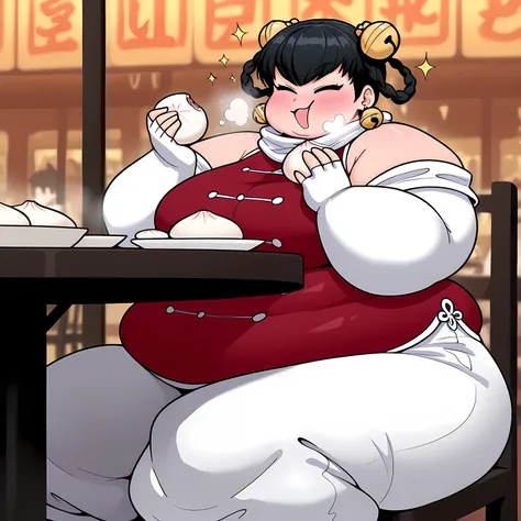 masterpiece, best quality, 1girl, solo  opmll, black hair, short hair, hair rings, twin braids, hair bell, earrings, white scarf, red shirt, sleeveless shirt, detached sleeves, elbow gloves, fingerless gloves, white pants, baggy pants, (large breasts:0.7),...