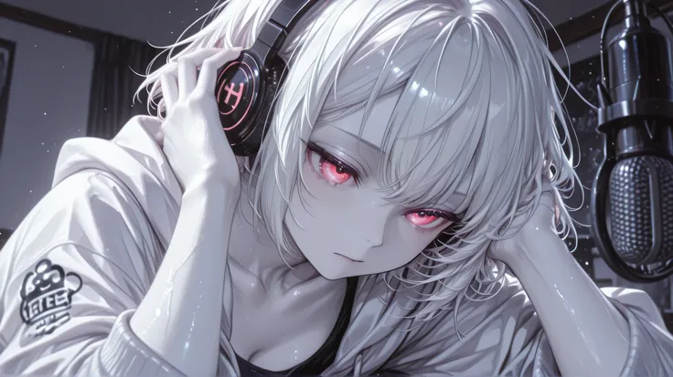 Creates a male character, มีWhite skinมีผมทรงหมาป่า, has short hair on the top of the head and manga hero hair., Has five bright eyes, White skin, has a gamer look, and that he wears headphones without a microphone, and these headphones are in his ears and...