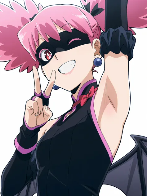 masterpiece, best quality, amazing quality, anime screencap, anime coloring, 1girl, solo, pop-step, pink hair, wings, twintails, mask, domino mask, leotard, jewelry, earrings, gloves, detached sleeves, arm up, raised arm, armpit, armpit focus, head towards...