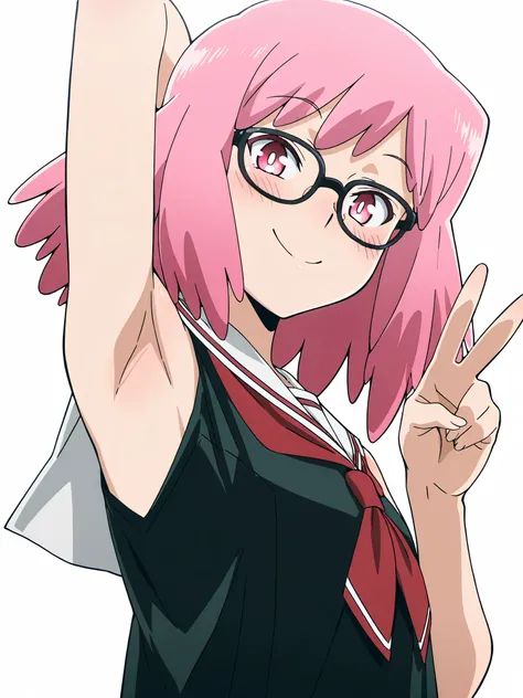 masterpiece, best quality, amazing quality, anime screencap, anime coloring, 1girl, solo, pop-step, pink hair, glasses, school uniform, medium hair, black-framed eyewear, pink eyes, black shirt, serafuku, pink eyes, sleeveless, bare shoulders, bare arms, a...