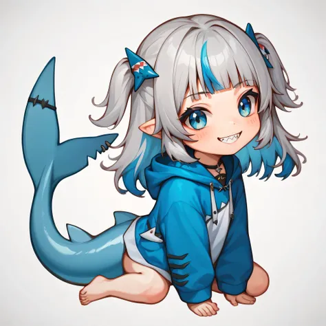 smile, :d, chibi,full_body,(masterpiece),(best quality),1girl, gawr gura, virtual youtuber, tail, fish tail, shark tail, solo, blue eyes, multicolored hair, grey hair, full body, blue hair, streaked hair, bangs, hair ornament, shark hair ornament, two side...