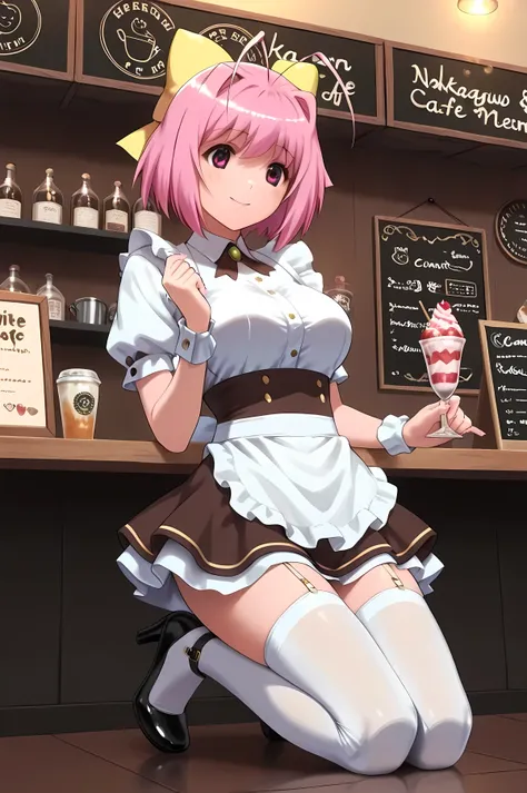 1 girl playing with a Heart Effect, { kanon nakagawa | nakagawa kanon } , short hair, pink hair, {yellow hair bow of yellow only:1.55}, pink eyes, antenna hair, Maid cafe employee, cafe interior, Serve customers, Maid Outfit, knee-high stockings, micro min...