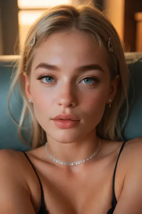 A close-up portrait of a beautiful young woman with soft facial features, dreamy blue eyes, and glowing strawberry-blonde hair styled long and straight. Her lips are glossy pink, cheeks lightly flushed, with a subtle -doll makeup look. She’s wearing a past...
