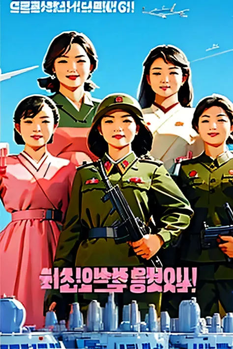 Beautiful Korean girl salesman . breast size 3 . 19 years old . She is a North Korean Army officer . proud look . she's standing with a gun . A squad of girls .
