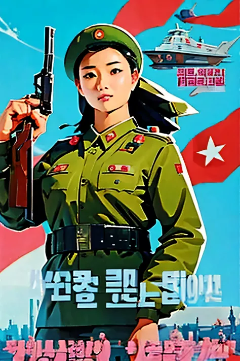 Beautiful Korean girl salesman . breast size 3 . 19 years old . She is a North Korean Army officer . proud look . she's standing with a gun . A squad of girls .