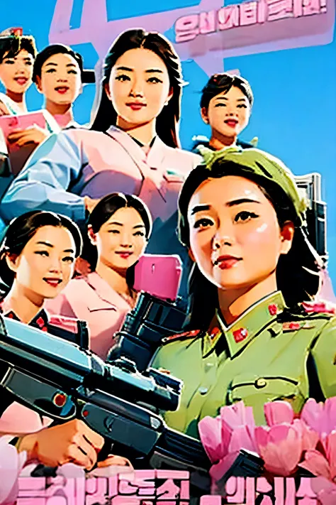 Beautiful Korean girl salesman . breast size 3 . 19 years old . She is a North Korean Army officer . proud look . she's standing with a gun . A squad of girls .