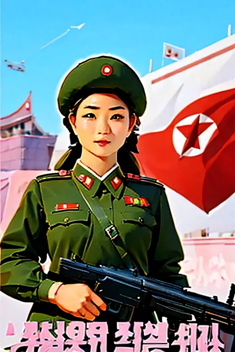 Beautiful Korean salesman . breast size 3 . 19 years old . She is a North Korean Army officer . proud look . she's standing with a gun . shoots .