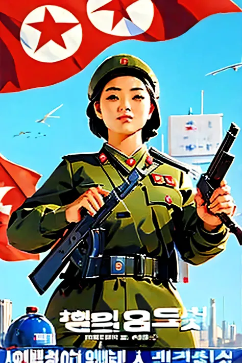 Beautiful Korean salesman . breast size 3 . 19 years old . She is a North Korean Army officer . proud look . she's standing with a gun . shoots .