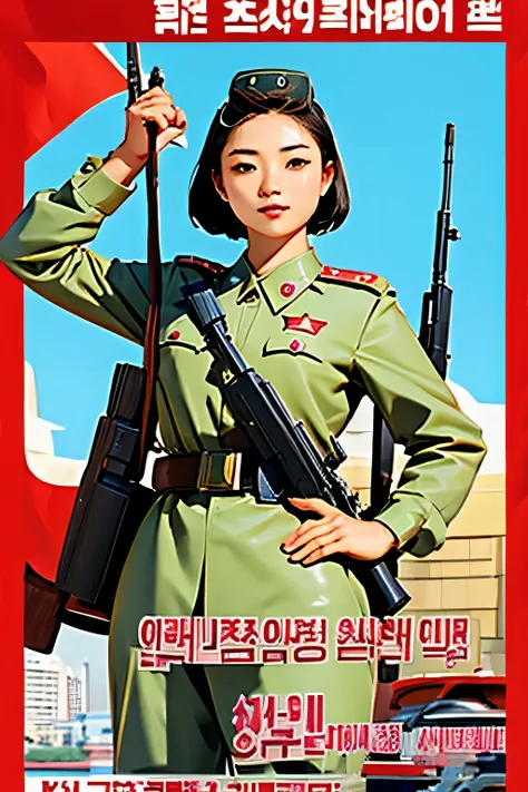 Beautiful Korean girl salesman . breast size 3 . 19 years old . She is a North Korean Army officer . proud look . she's standing with a gun . shoots .