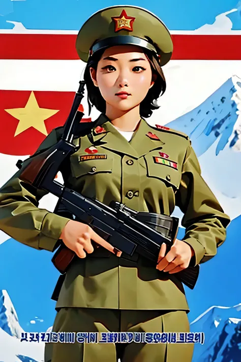 Beautiful Korean girl salesman . breast size 3 . 19 years old . She is a North Korean Army officer . proud look . she's standing with a gun . shoots .