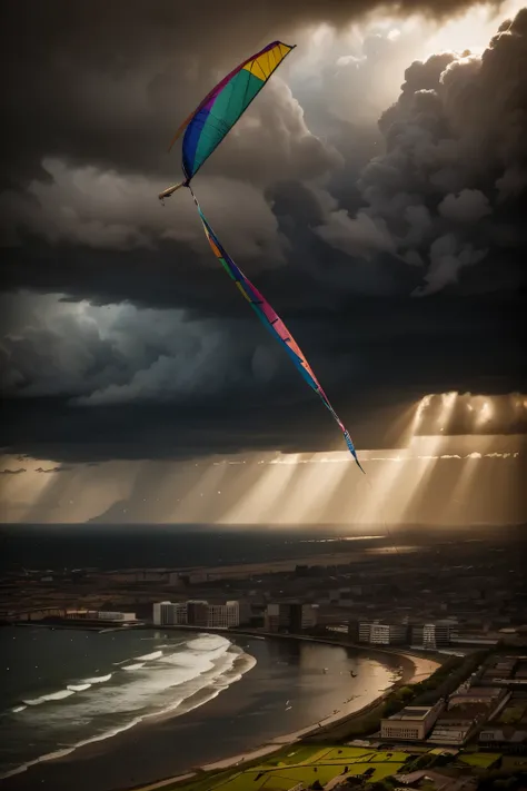 kite flying, high in the sky, colorful kites, kite competition, dramatic clouds, stormy weather, dynamic wind, vibrant colors, dramatic lighting, cinematic atmosphere, photorealistic, 8K, HDR, professional photography, masterpiece, ultra-detailed, sharp fo...