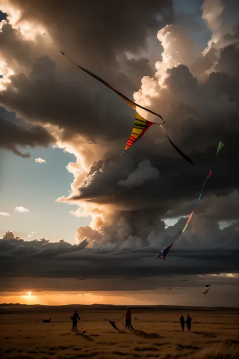 kite flying, high in the sky, colorful kites, kite competition, dramatic clouds, stormy weather, dynamic wind, vibrant colors, dramatic lighting, cinematic atmosphere, photorealistic, 8K, HDR, professional photography, masterpiece, ultra-detailed, sharp fo...