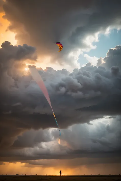 kite flying, high in the sky, colorful kites, kite competition, dramatic clouds, stormy weather, dynamic wind, vibrant colors, dramatic lighting, cinematic atmosphere, photorealistic, 8K, HDR, professional photography, masterpiece, ultra-detailed, sharp fo...