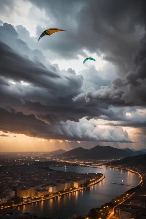 kite flying, high in the sky, colorful kites, kite competition, dramatic clouds, stormy weather, dynamic wind, vibrant colors, dramatic lighting, cinematic atmosphere, photorealistic, 8K, HDR, professional photography, masterpiece, ultra-detailed, sharp fo...