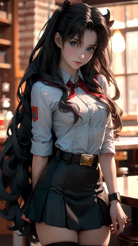 very young slim fit girl, full height, rounded face, (disheveled very long dark hair:1.4), ponytails, big blue eyes, shy smile, perfect medium breast, pioneer neckerchief, micro tight blue pleated skirt, bangs, tight white shirt, short sleeves, collared sh...
