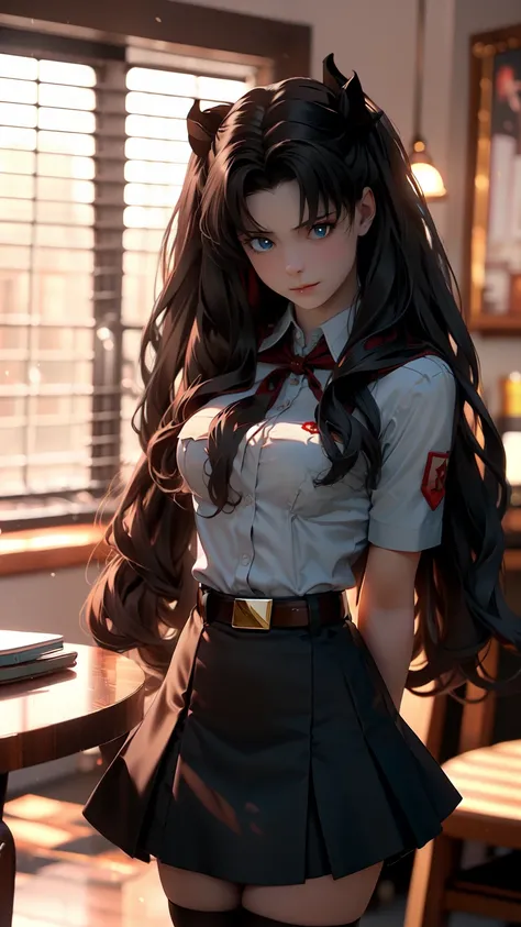 very young slim fit girl, full height, rounded face, (disheveled very long dark hair:1.4), ponytails, big blue eyes, shy smile, perfect medium breast, pioneer neckerchief, micro tight blue pleated skirt, bangs, tight white shirt, short sleeves, collared sh...