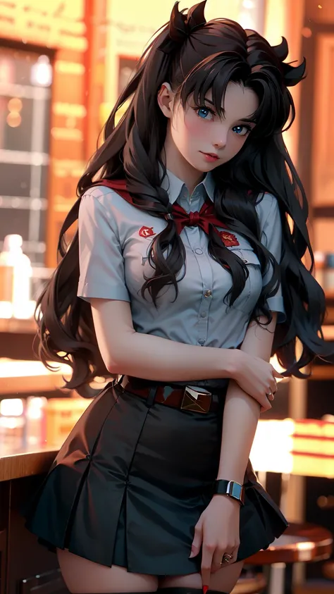very young slim fit girl, full height, rounded face, (disheveled very long dark hair:1.4), ponytails, big blue eyes, shy smile, perfect medium breast, pioneer neckerchief, micro tight blue pleated skirt, bangs, tight white shirt, short sleeves, collared sh...