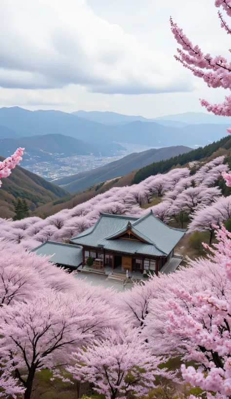 highdefinition images、Cherry blossoms seen from Kinkyosanji Temple々、Mt. Yoshino、Nara-ken、Yoshino cherry blossoms seen from the temple on the mountain、Cherry blossom mountains as far as the eye can see々々、Cherry blossoms blooming all the way to the valley、Ch...