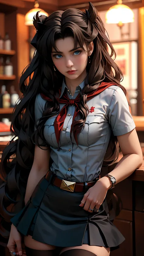 very young slim fit girl, full height, rounded face, (disheveled very long dark hair:1.4), ponytails, big blue eyes, shy smile, perfect medium breast, pioneer neckerchief, micro tight blue pleated skirt, bangs, tight white shirt, short sleeves, collared sh...