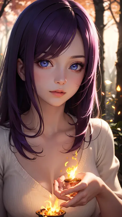 a beautiful anime girl, purple hairs, beautiful eyes, detailed portrait, realistic, photorealistic, 8K, hyper detailed, sharp focus, physically-based rendering, professional, vivid colors, warm lighting, magical forest, glowing fireflies, sakura petals, go...