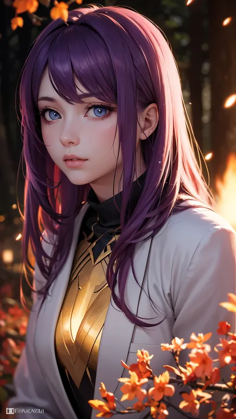 a beautiful anime girl, purple hairs, beautiful eyes, detailed portrait, realistic, photorealistic, 8K, hyper detailed, sharp focus, physically-based rendering, professional, vivid colors, warm lighting, magical forest, glowing fireflies, sakura petals, go...
