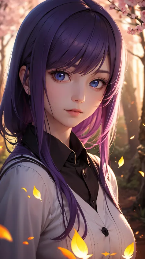 a beautiful anime girl, purple hairs, beautiful eyes, detailed portrait, realistic, photorealistic, 8K, hyper detailed, sharp focus, physically-based rendering, professional, vivid colors, warm lighting, magical forest, glowing fireflies, sakura petals, go...