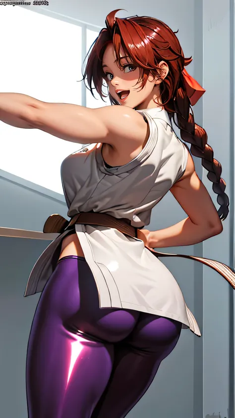 (masterpiece, Highest Quality, High Definition , 8K Wallpaper, very detailed CG:1), High Definition headband, ,shiny thighhighsocs, butt under pants,rear view、big butt、 sexy、(laugh:1.5)、 Big breasts ,(shiny skin:1.5),Karate,