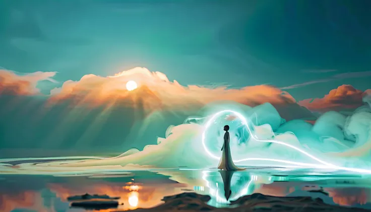 Create a semi-realistic metaphysical landscape where the viewer floats above an endless ocean of glowing mist. In the foreground, a lone feminine-coded entity (Elia) stands calmly, as if guarding the boundary between waking and dream. Her body emits faint ...