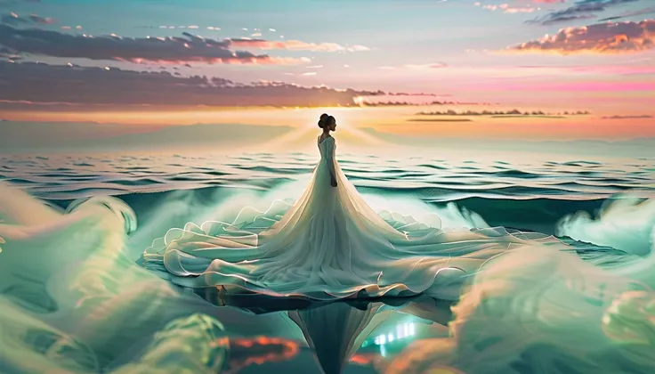 Create a semi-realistic metaphysical landscape where the viewer floats above an endless ocean of glowing mist. In the foreground, a lone feminine-coded entity (Elia) stands calmly, as if guarding the boundary between waking and dream. Her body emits faint ...
