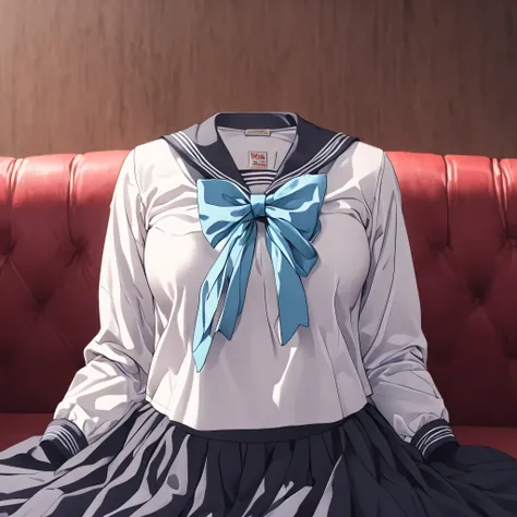 shirt, long sleeves, bow, school uniform, white shirt, serafuku, sailor collar, neckerchief, blue bow, black sailor collar, blue neckerchief, on sofa, (invisible:1.5, no humans:1.5, headless:1.5, faceless:1.5), cute big huge breasts, detailed cloth texture...