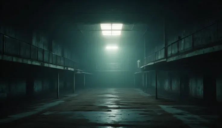 An empty warehouse, dark, ethereal, liminal, hyper realistic, high detail, masterpiece.