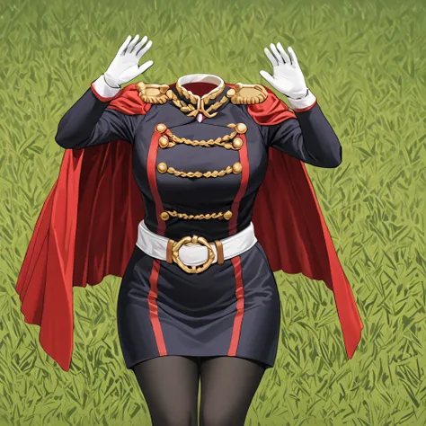 yamashiroren, military uniform, epaulettes, white gloves, red cape, belt, black pantyhose, cute pose, running on grass, (invisible:1.5, no humans:1.5, headless:1.5, faceless:1.5), cute big breasts, detailed cloth texture, extremely details, close-up to bre...