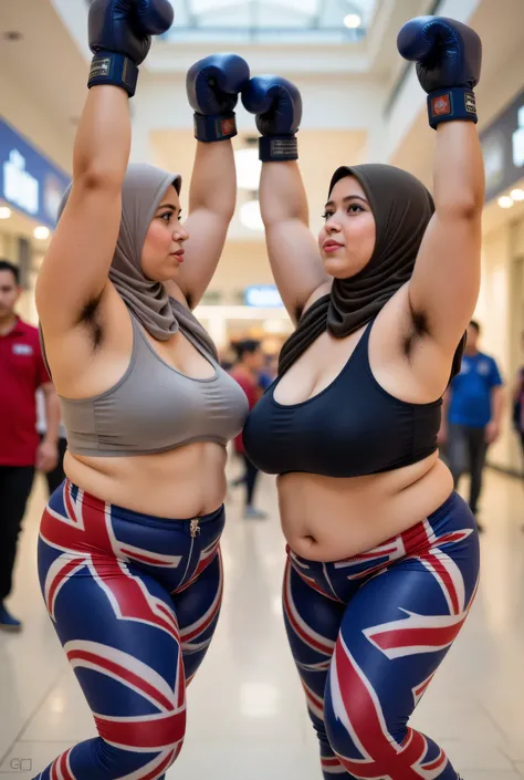 2 PEOPLE, (realistic, photo-realistic:1.4), Fat ssbbw, (((MALAY PASHMINA HIJAB GIRL))), NO MORE ROPE, wearing oversize plain strapless bra, (realistic, photo-realistic:1.4), (1 FUTUNARI), big breast, and plain high waist leggings closing center British fla...