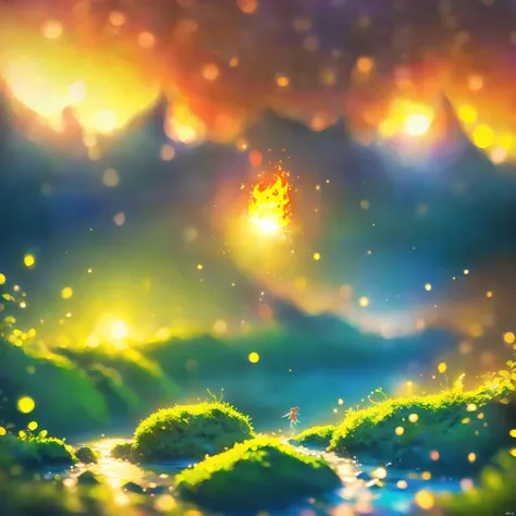 8k Quality,(Super Masterpiece:1.3), top quality, Detailed Images,unmanned,(in the mountains,(bonfire,Amazing flame),Lush tree々々,Little tree  々,  many petals dancing ,cliff, Rock Field, Stunning waterfalls,river,Riverside,moss,水moss,  full moon,melew,Backgr...