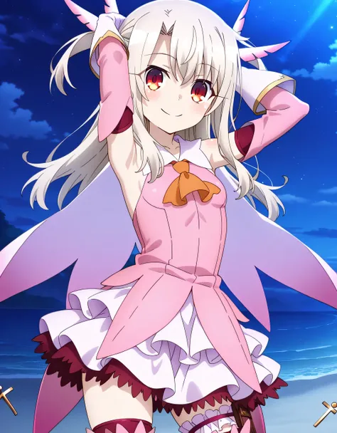 fate/kaleid liner prisma illya, aaillya, long hair, blonde hair, two side up, hair ornament, red eyes, bare shoulders, magical girl, cape, orange ascot, pink shirt, sleeveless, detached sleeves, white gloves, white skirt, bridal garter, pink thighhighs, an...