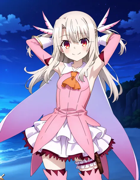 fate/kaleid liner prisma illya, aaillya, long hair, blonde hair, two side up, hair ornament, red eyes, bare shoulders, magical girl, cape, orange ascot, pink shirt, sleeveless, detached sleeves, white gloves, white skirt, bridal garter, pink thighhighs, an...